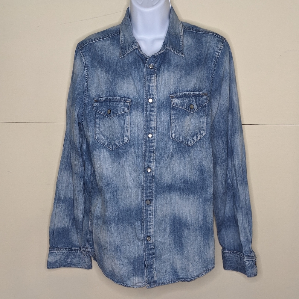 H&M &Denim Button Down Shirt Distressed Denim